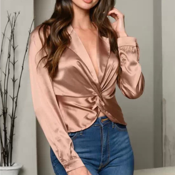 LONG SLEEVE FRONT KNOT COLLAR BLOUSE TOP - Picture 4 of 5